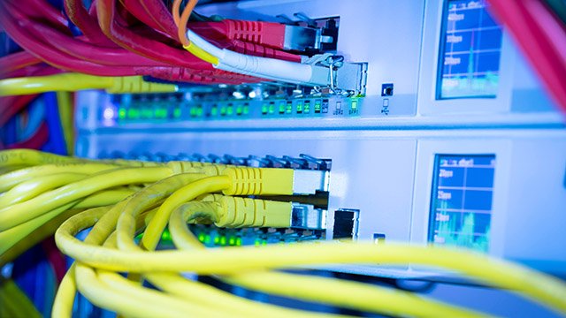 Netzwerk-Switch mit angeschlossenen Ethernet-Kabeln und Aktivitätsanzeigen