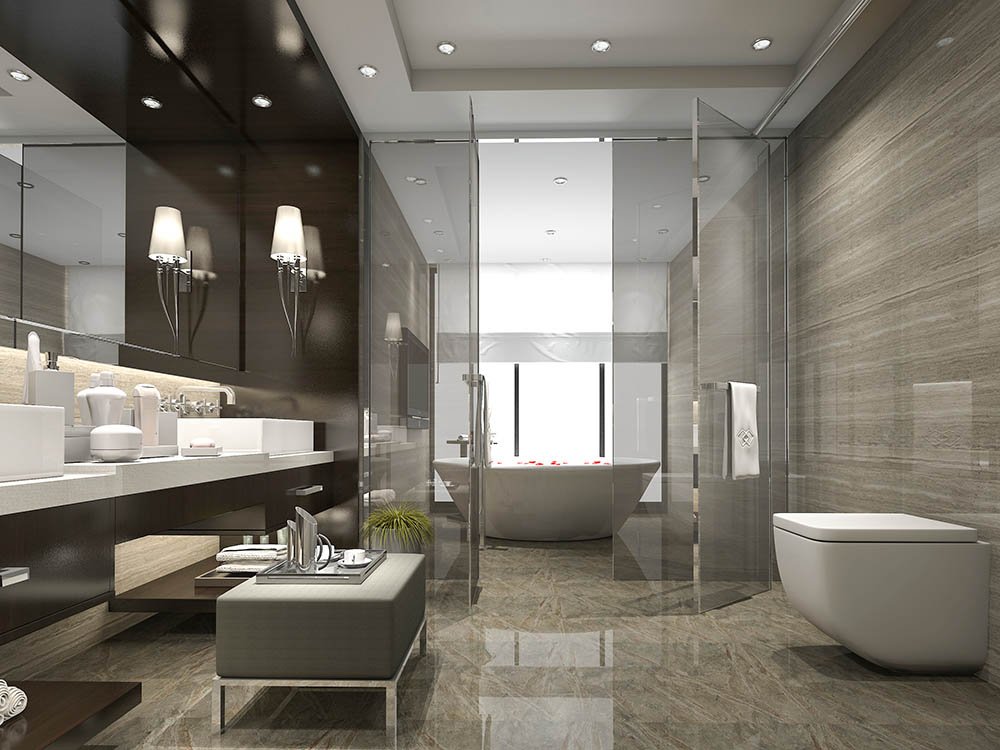 Exklusives Badezimmerdesign mit hochwertigen Sanitäranlagen und eleganter Einrichtung Luxus-Badezimmer mit freistehender Badewanne, Doppelwaschtisch und moderner Ausstattung