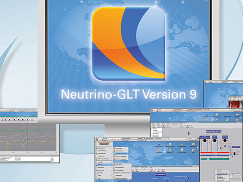 Visualisierung und Steuerung technischer Anlagen mit Neutrino-GLT V9 Benutzeroberfläche der Gebäudeleittechnik-Software Neutrino-GLT Version 9 mit verschiedenen Ansichten